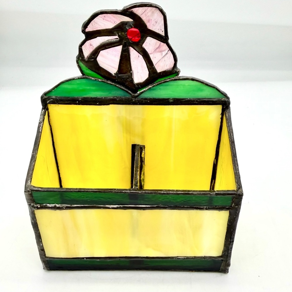 Vintage Stained Slag Glass Letter Holder Mail Organizer Flower Opener Yellow